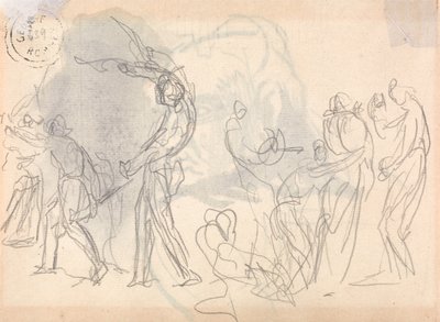 Uomini che escono a combattere, con una folla di donne rannicchiate alle spalle da George Romney