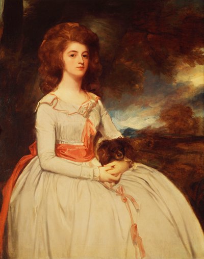 Ritratto di Mrs. Moody seconda moglie di Samuel Moody, seduta a tre quarti lunghezza in un vestito bianco rifinito con fiocchi rosa e una fascia rosa, tenendo un cane in grembo, in un paesaggio da George Romney