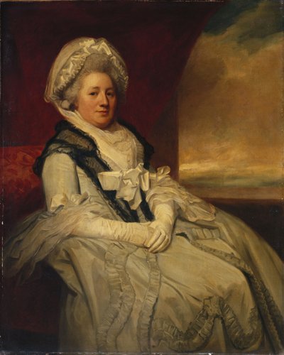 Ritratto di Mrs. Uppleby, seduta a tre quarti, con un vestito bianco e un cappello con scialle nero da George Romney