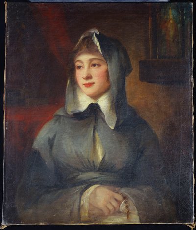 Ritratto di una signora, a mezzo busto, come una suora, che tiene un rosario, vicino a un santuario in un interno da George Romney