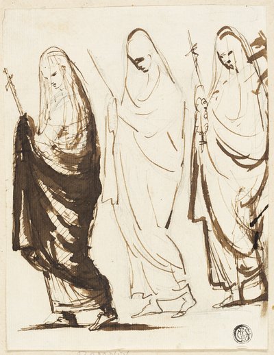 Processione di tre donne drappeggiate che tengono croci o scettri da George Romney