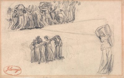 Due schizzi di donne e bambini in fuga e figura femminile in piedi che suona il tamburello come per Lady Anne Leveson in "Dancing Gower Children". da George Romney