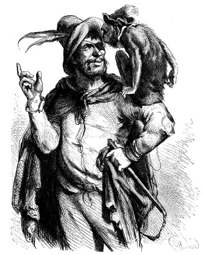 Illustrazione di George Roux (1853-1929) per il Don Chisciotte di Cervantes: Maestro Pietro e la sua scimmia - la scimmia nella letteratura - da George Roux