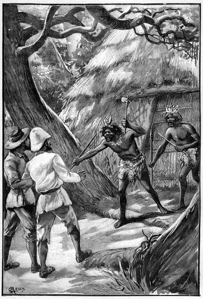 Illustrazione di George Roux per il libro di Jules Verne Il villaggio aereo (1901), edizione Hetzel/Voyages Extraordinaires, Mondi Conosciuti e Sconosciuti. Due sentinelle Wagdiss minacciano gli esploratori con le loro armi ramificate da George Roux