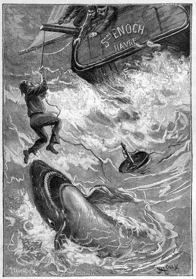 Romanzo di Jules Verne “Les histoires de Jean-Marie Cabidoulin” (1901), Collezione Hetzel/Extraordinaries, illustrazione di George Roux. “Scena marittima: marinaio attaccato da uno squalo nell