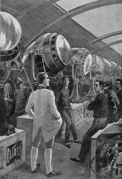 Meccanici davanti alle loro macchine, disegno di Roux in "La giornata di un giornalista americano nel 2889" di Jules Verne da George Roux