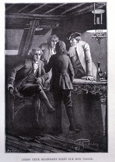 Scena di storia nella piazza della nave: il giovane Jim Hawkins davanti al Dr. Livesey e al Cavaliere Trelawnay - in 
