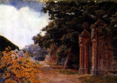 Un bordo del giardino con un muro e un cancello da George Samuel Elgood