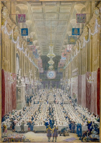 Veduta della cena del sindaco alla Guildhall, Città di Londra, 1828 da George Scharf