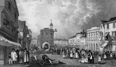 High Street, Maidstone, un giorno di mercato, inciso da S. Lacey, pubblicato 1832 da George Shepherd