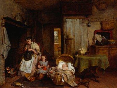 Una lezione di cucito vicino al fuoco, 1867 da George Smith