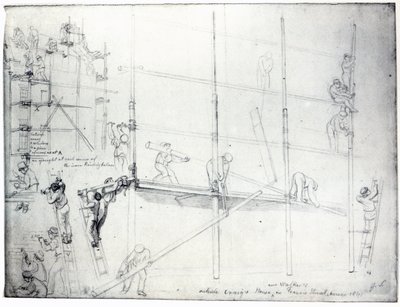 Montaggio di impalcature fuori dalla casa di Craig, Francis Street, Londra, 1841 da George Snr Scharf