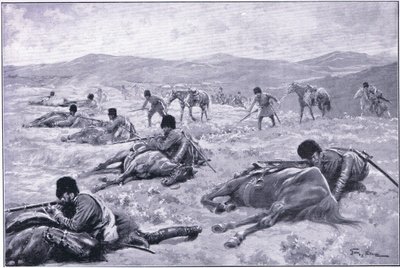 Un cosacco e il suo cavallo: un dispositivo per garantire copertura durante uno scontro, illustrazione da Cassells History of the Russo-Japanese War Vol 1, c.1900 da George Soper
