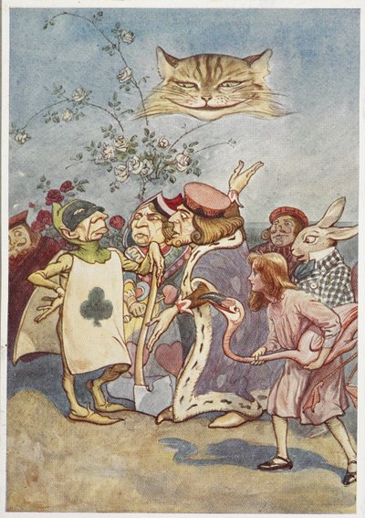 Il gatto del Cheshire che osserva Alice e il boia carta da gioco, con altri da George Soper