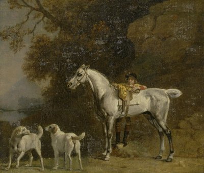 Cacciatore con un cavallo grigio e due segugi: dettagli dal quadro 