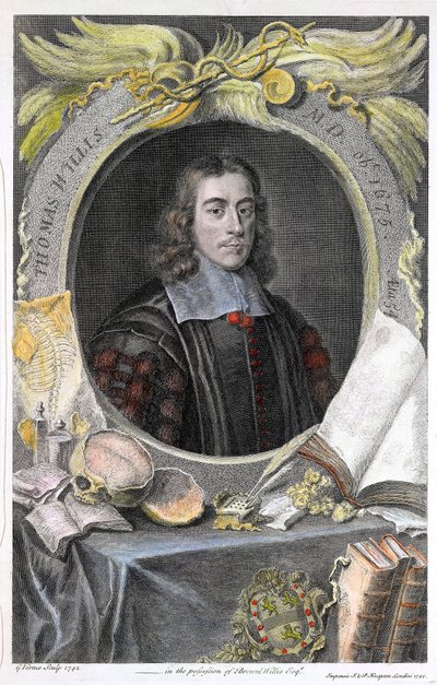 Ritratto del medico inglese Thomas Willis (1622-1675). Thomas Willis (1621-1675) medico inglese. Incisione colorata a mano dell