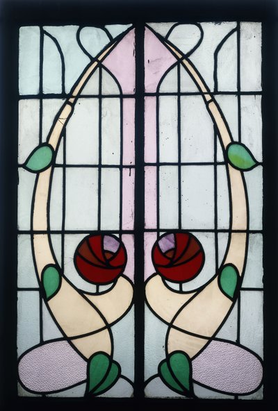Pannello in vetro colorato raffigurante rose stilizzate da George Walton
