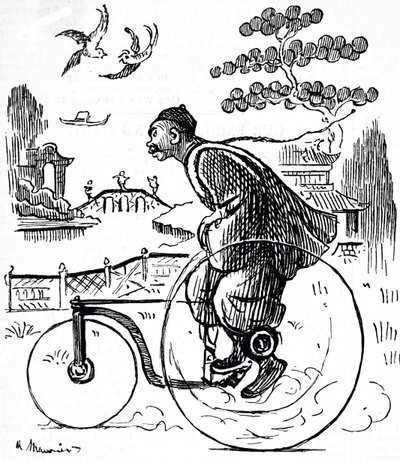 Cartone animato che raffigura un uomo cinese che guida un triciclo in un parco in Cina da George du Maurier