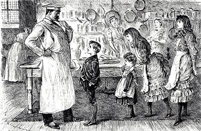 Un cartone animato che raffigura un cuoco che prende ordini dai bambini della casa. Illustrato da George du Maurier (1834-1896) un vignettista e autore franco-britannico da George du Maurier