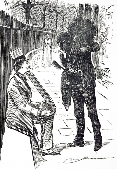 Cartone che raffigura uno spazzacamino che porta le sue spazzole per le strade di Londra da George du Maurier