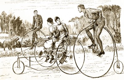 Cartone animato che raffigura un gruppo di giovani che guidano tricicli da George du Maurier