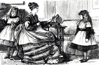 Un fumetto che raffigura una giovane madre che usa una macchina da cucire. Illustrato da George du Maurier (1834-1896) un fumettista e autore franco-britannico da George du Maurier