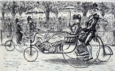 Incisione che raffigura passeggeri che viaggiano in carrozze a bicicletta da George du Maurier