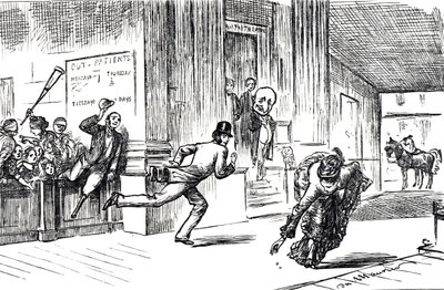 Cartone che raffigura il Dottor Meilanion Jones, superato nella corsa per i pazienti dalla dottoressa Atlanta Robinson da George du Maurier