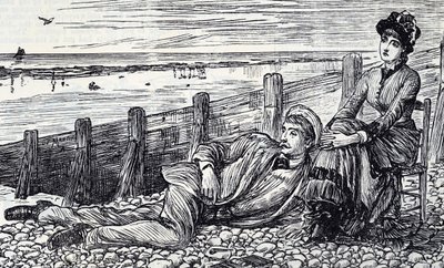 Cartone che raffigura una coppia che si gode la luna di miele su una spiaggia di ciottoli da George du Maurier