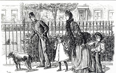 Cartone che raffigura una famiglia che cammina per le strade della Londra vittoriana da George du Maurier
