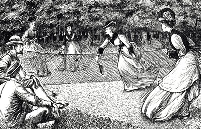 Cartone animato che raffigura una partita di tennis su prato da George du Maurier