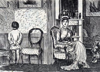 Cartone animato che raffigura una madre che punisce suo figlio facendolo stare di fronte al muro da George du Maurier