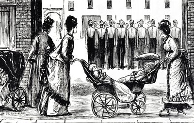 Cartone animato che raffigura bambinaie che spingono le loro carrozzine davanti alla caserma da George du Maurier