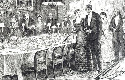 Cartone animato intitolato "Andando a Cena" che raffigura una giovane coppia che entra in una sala da pranzo da George du Maurier