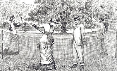 Incisione che raffigura una giocatrice di tennis a disagio a causa delle sue nuove scarpe di gomma da George du Maurier