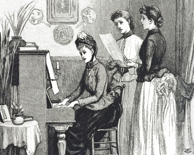 Incisione che raffigura giovani donne che cantano nel salotto da George du Maurier