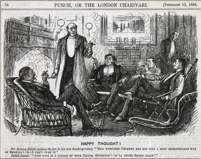 Gentiluomini riuniti nella sala fumatori che fumano i loro sigari dopo cena. Cartone animato di George du Maurier da Punch, Londra 1886 da George du Maurier
