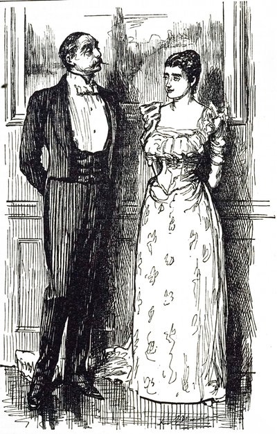 Cartone di Georges du Maurier che illustra un uomo e una donna in conversazione a un evento sociale, Inghilterra 1891 da George du Maurier