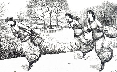 Illustrazione che raffigura ragazze che tracciano il percorso per la lepre e i cani da George du Maurier