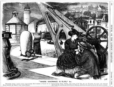 Invasione della privacy da parte di una camera oscura sulla spiaggia (a sinistra). Cartone animato di George du Maurier da Punch da George du Maurier