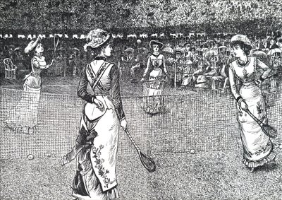 Signore che giocano a tennis sul prato da George du Maurier