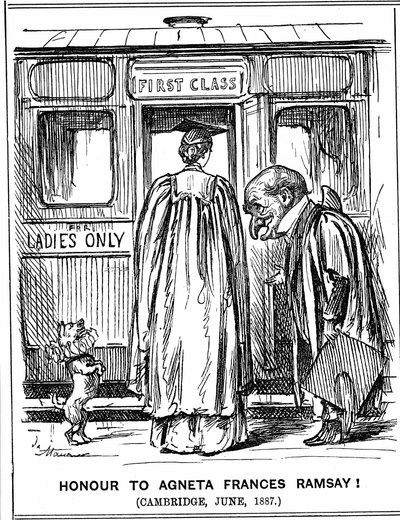 Mr Punch si inchina ad Agneta Frances Ramsay che ha superato con lode gli esami, ma non ha potuto ricevere una laurea poiché Cambridge non le assegnava alle donne in quel periodo. George du Maurier cartone da Punch, Londra, 2 luglio 1887. Incisione da George du Maurier
