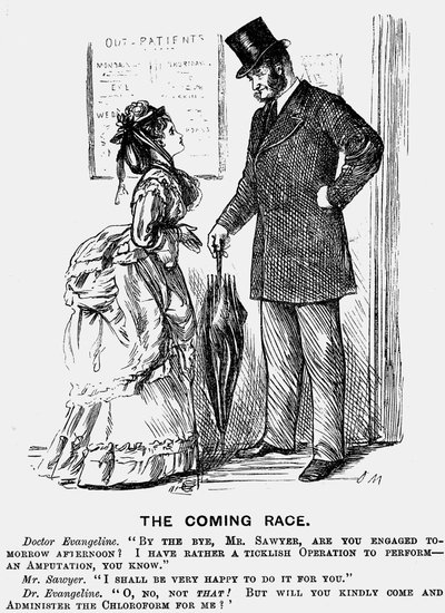 La razza futura. Il chirurgo del futuro. Cartone animato di George du Maurier da Punch, Londra, 14 settembre 1872, che mostra l
