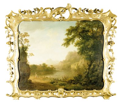 Paesaggio fluviale italianizzato con figure in primo piano e un villaggio oltre da George the Elder Barret