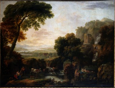 Paesaggio italianizzante con una veduta capricciosa di Tivoli, un pastore e una pastorella e bestiame da George the Elder Barret