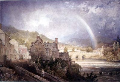 Villaggio e ponte di Llangollen, Galles del Nord, con effetto arcobaleno da George the Younger Barret