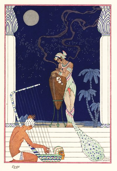 Una regina annusa la fragranza bruciata, antico Egitto da Georges Barbier