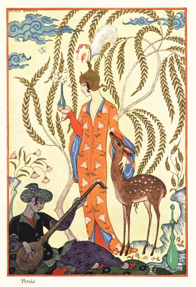 Una donna tiene una fiaschetta di profumo, antica Persia da Georges Barbier