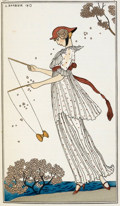 Una donna che indossa un vestito di lino bianco stampato, giocando con un giocattolo da Georges Barbier