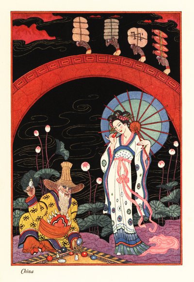 Una giovane donna con parasole laccato che annusa una boccetta di profumo da Georges Barbier